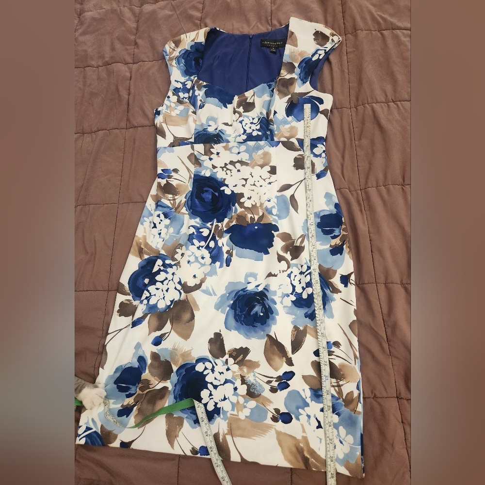 Connected Apparel Blue and Brown Floral Midi Dress Sz 12 - Picture 4 of 8